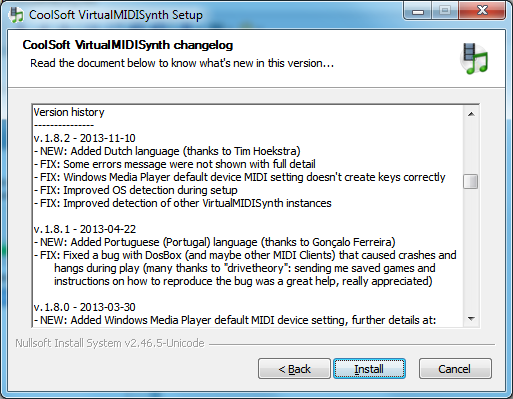click Install on Coolsoft VirtualMIDISynth